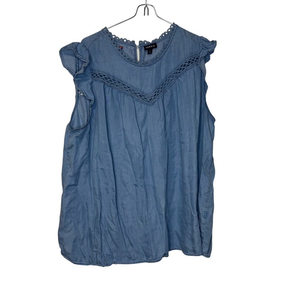 Torrid Womens Blouse Eyelet High Neck Flutter Sleeves Denim Mid Wash Blue Sz. 2